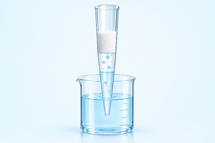Illustration of a porous plastic filter inside a pipette tip above a beaker of liquid
